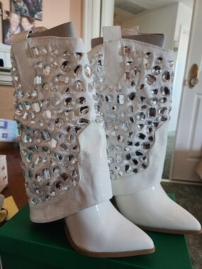 Lauren Lorraine White Embellished Croc-Effect Mid-Calf Heeled Boots